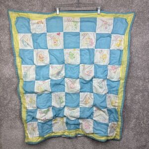 Vintage Yellow Care Bears Baby Crib Blanket ABC Handmade Pastel Quilted 36x35